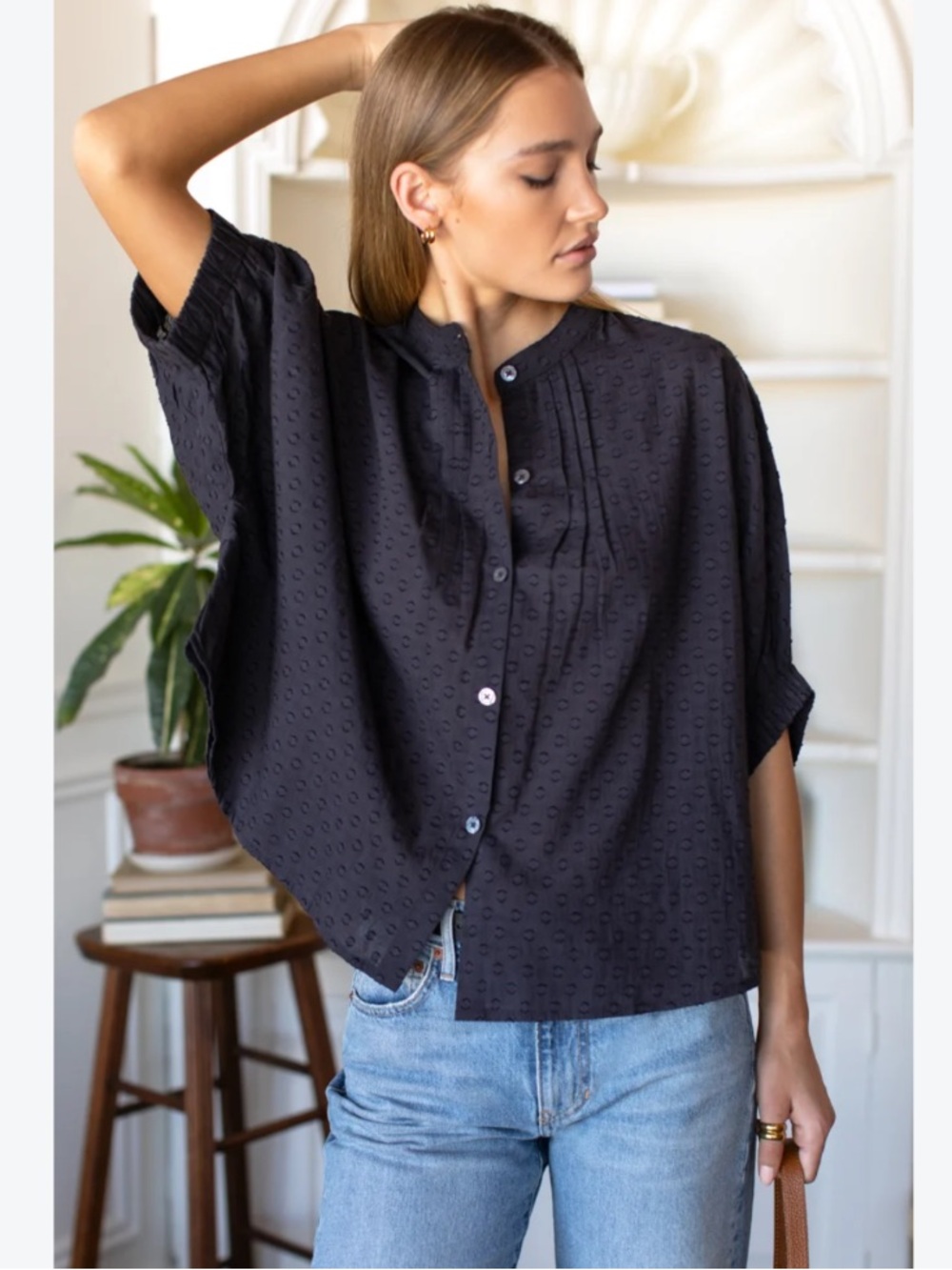 Emerson Fry India Collection Blouse Mandarin Button Down Midnight Navy Swiss Dot